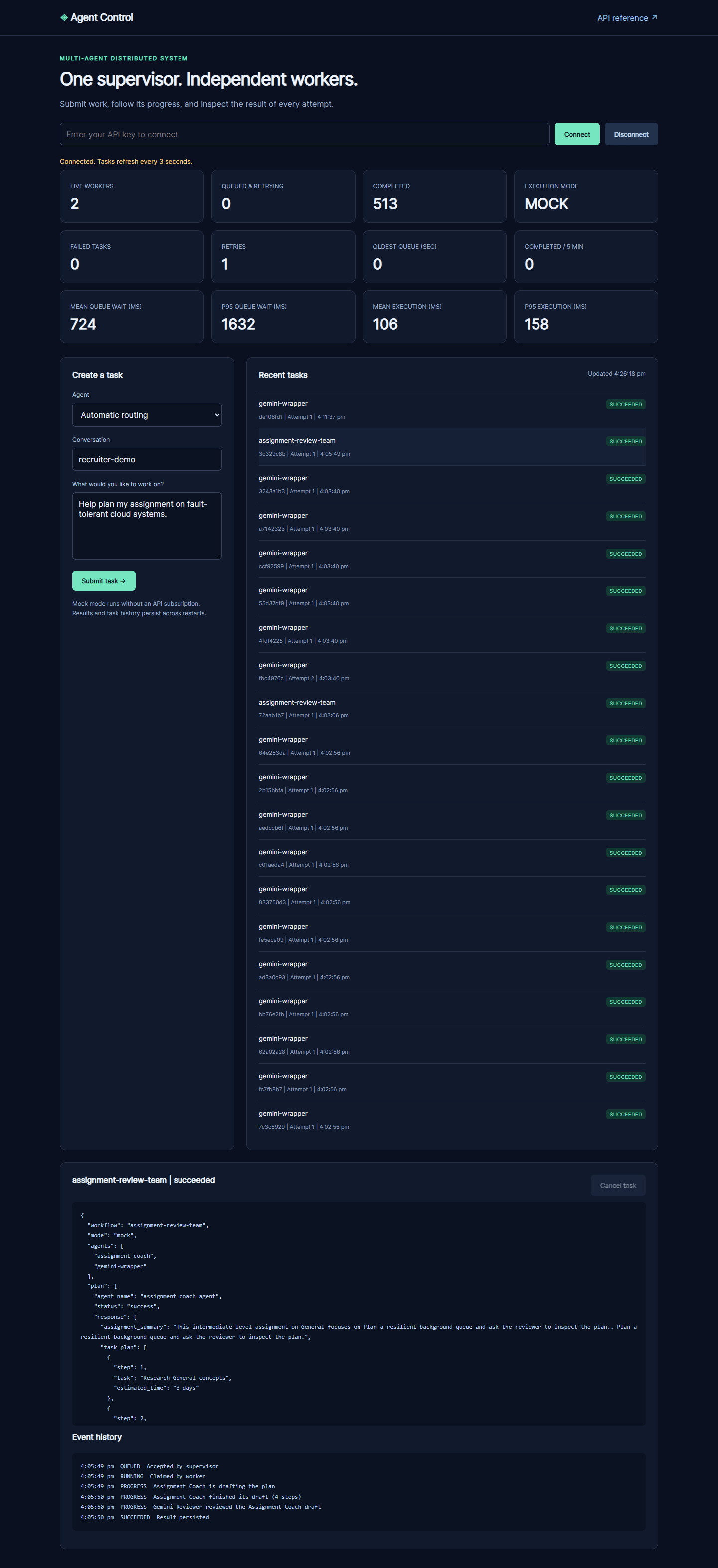 Actual CloudCrew console showing task and worker state
